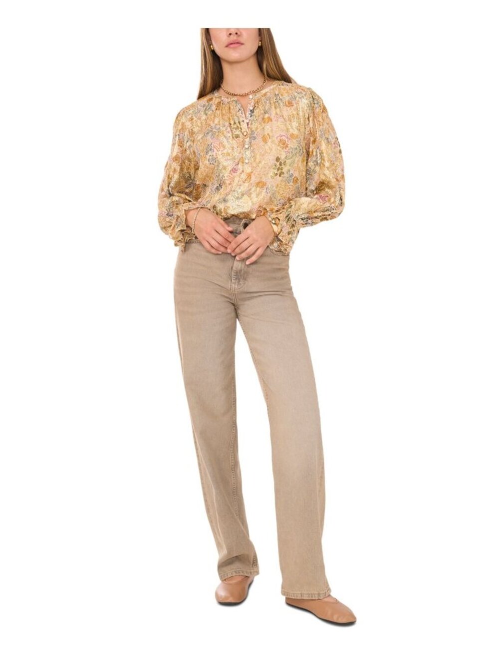 1.STATE Women's Printed Button-Front Long Sleeve Blouse Spice Beige Size S $89 - Picture 5 of 5